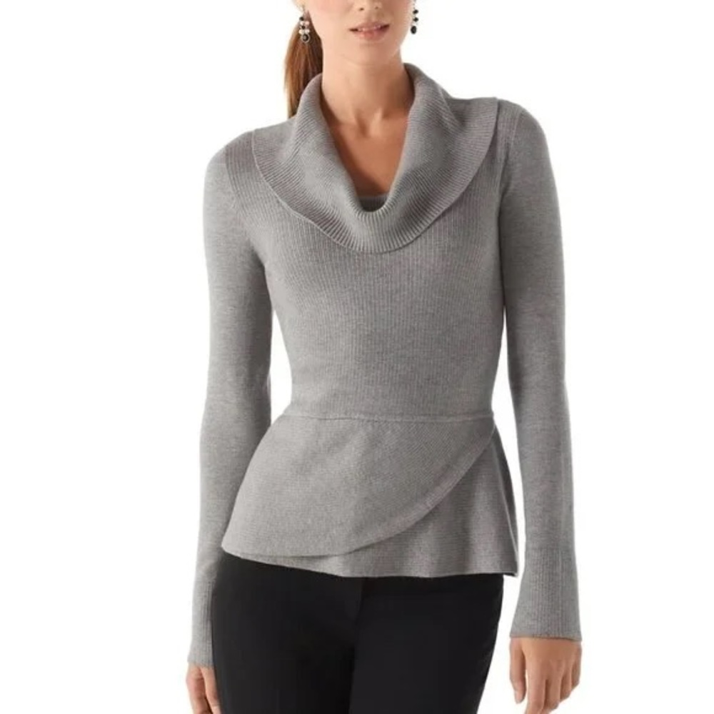 White House Black Market WHBM | Grey Cowl Neck Peplum Sweater M